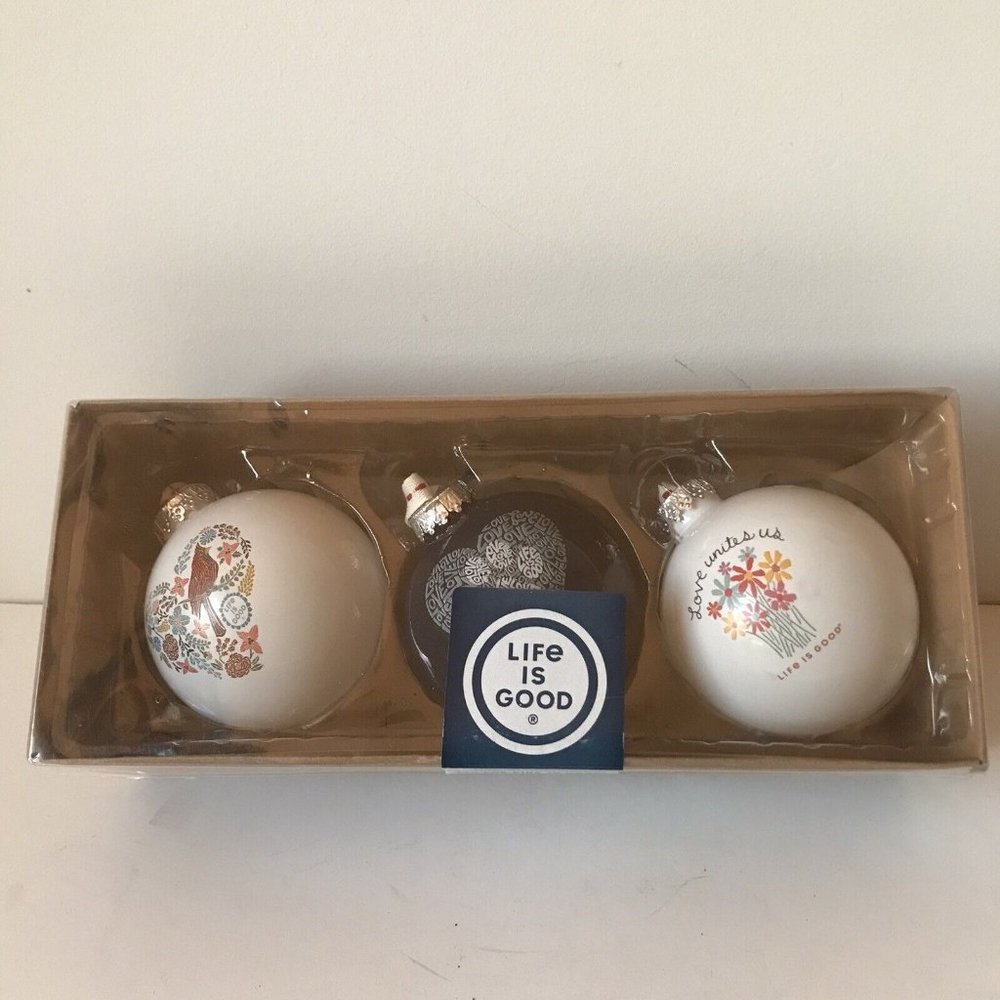 Life is Good Christmas ornament set love theme 3" ball flowers cardinal bird‎